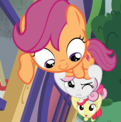 Size: 602x610 | Tagged: safe, screencap, apple bloom, scootaloo, sweetie belle, earth pony, pegasus, pony, unicorn, g4, marks for effort, season 8, cropped, cute, cutealoo, cutie mark crusaders, female, filly, foal, looking down, looking up, one eye closed, open mouth, pony pile, school of friendship, smiling, standing, tower of pony