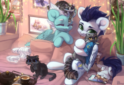 Size: 3257x2256 | Tagged: safe, artist:graypillow, fleetfoot, princess luna, soarin', cat, pegasus, pony, g4, apple (company), backwards cutie mark, clothes, crazy cat lady, cup, cute, drink, duo, female, food, high res, iphone, iphone x, male, mare, plant, shirt, sitting, slice of life, stallion, tea, teacup, teapot, uniform, wonderbolts dress uniform