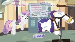 Size: 2217x1247 | Tagged: safe, artist:rusticanon, derpibooru exclusive, rarity, sweetie belle, pony, unicorn, comic:rarity's secret machine, g4, abuse, abuse of power, awkward, bent over, bondage, bondage furniture, brush, comic, crying, cuffs, female, filly, forced, high angle, humiliation, lie detector, machine, mare, misspelling, raribuse, reddened butt, restrained, snickering, spanking, spanking machine, speech bubble, suspended, sweat, the practical pig