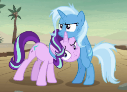 Size: 741x540 | Tagged: safe, screencap, starlight glimmer, trixie, pony, unicorn, g4, road to friendship, animated, duo, female, mare, messy mane, trixie is not amused, unamused