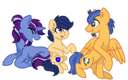 Size: 838x526 | Tagged: safe, artist:madzbases, artist:summersketch-mlp, flash sentry, oc, oc:aurora codex, oc:dusk star, pegasus, pony, unicorn, kindverse, g4, base used, beard, facial hair, goatee, offspring, parent:flash sentry, parent:silver script, parent:twilight sparkle, parents:flashlight, parents:twiscript, simple background, transparent background