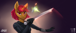 Size: 2560x1140 | Tagged: safe, artist:varllai, oc, oc only, oc:tsangefis, unicorn, anthro, anthro oc, bodysuit, female, looking at you, magic, signature, solo, sword, weapon