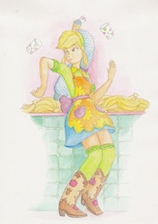 Size: 721x1024 | Tagged: safe, artist:daisymane, applejack, equestria girls, g4, banana, clothes, female, food, frown, solo, traditional art