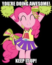 Size: 906x1125 | Tagged: safe, pinkie pie, earth pony, pony, g4, rainbow falls, season 4, armband, arms in the air, awesome, black background, bow, cheering, cheerleader, cheerleader outfit, cheerleader pinkie, clothes, costume, cute, diapinkes, eyes closed, female, good job, hair bow, image macro, jewelry, jumping, mare, meme, necklace, pom pom, positive message, positive ponies, shirt, simple background, skirt, smiling, solo, tail bow, uniform