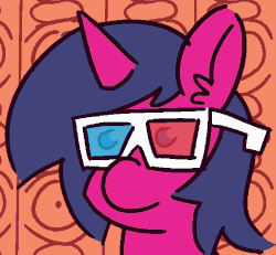 Size: 540x500 | Tagged: safe, artist:threetwotwo32232, oc, oc only, oc:fizzy pop, pony, unicorn, 3d glasses, animated, boop, female, gif, mare, scrunchy face, solo