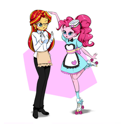 Size: 1000x1000 | Tagged: safe, artist:twilite-sparkleplz, pinkie pie, sunset shimmer, coinky-dink world, equestria girls, g4, my little pony equestria girls: summertime shorts, carhop, clothes, clothes swap, female, glasses, maid, one eye closed, roller skates, server pinkie pie