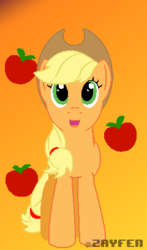 Size: 240x408 | Tagged: safe, artist:zayfen, applejack, earth pony, pony, derpibooru, g4, cute, digital art, female, gradient background, happy, pixel art, smiling, solo