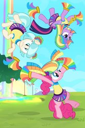 Size: 1600x2400 | Tagged: safe, artist:pixelkitties, coco pommel, pinkie pie, twilight sparkle, alicorn, earth pony, pony, g4, rainbow falls, cheerleader, cheerleader outfit, cheerleader pinkie, cheerleader sparkle, female, mare, rainbow waterfall, show accurate, skirt, twilight sparkle (alicorn)