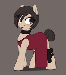 Size: 1297x1482 | Tagged: safe, artist:shinodage, pony, ada wong, choker, clothes, dress, female, gun, holster, mare, ponified, resident evil, simple background, solo, tail bun, weapon