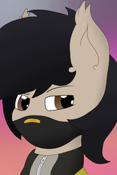 Size: 1000x1500 | Tagged: safe, artist:feelingpandy, oc, oc only, oc:tsuki, bat pony, pony, brown eyes, bust, clothes, face mask, fortnite, gradient background, looking away, male, mask, raised eyebrow, solo