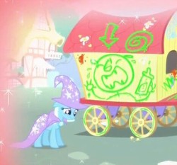 Size: 467x435 | Tagged: safe, screencap, trixie, ursa minor, g4, magic duel, baby bottle, floppy ears, sad, trixie's wagon, trixiebuse, vandalism