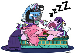 Size: 2353x1687 | Tagged: safe, artist:bobthedalek, starlight glimmer, trixie, pony, g4, actually pretty funny, bad breath, bed, blanket, breath mint, clothes, crown, dress, drool, female, flower, helmet, jewelry, mare, open mouth, ponified, regalia, rose, simple background, sleeping, sleeping beauty, snorelight glimmer, snoring, white background, zzz