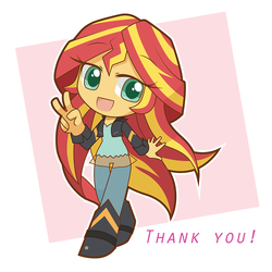 Size: 1000x1000 | Tagged: safe, artist:howxu, sunset shimmer, equestria girls, g4, anime, chibi, clothes, cute, female, peace sign, shimmerbetes, smiling, solo