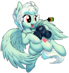 Size: 2647x2785 | Tagged: safe, artist:thesamstudio, oc, oc only, oc:breeze swirl, pegasus, pony, background removed, camera, china ponycon, cute, dog tags, featured image, female, mare, mascot, ocbetes, prance and party, simple background, solo, spread wings, transparent background, wings