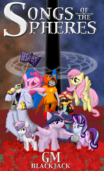 Size: 863x1417 | Tagged: safe, artist:spiralling-vibrance, fluttershy, pinkie pie, starlight glimmer, sunset shimmer, sweetie belle, twilight sparkle, alicorn, earth pony, pegasus, pony, unicorn, fanfic:songs of the spheres, g4, butterfly wings, fallout, fanfic, fanfic art, fanfic cover, female, filly, foal, homestuck, hood, jojo's bizarre adventure, jotaro kujo, mate, pipboy, sunglasses, the dark tower, troll (homestuck), twilight sparkle (alicorn), vriska serket, wings, wrist computer