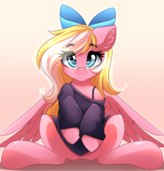Size: 3193x3329 | Tagged: safe, artist:airiniblock, oc, oc only, oc:bay breeze, pegasus, pony, rcf community, bow, clothes, commission, cute, featureless crotch, female, hair bow, happy, looking at you, mare, ocbetes, off shoulder, off shoulder sweater, sitting, solo, sweater