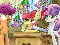 Size: 1533x1150 | Tagged: safe, artist:bigsmile, apple bloom, scootaloo, spike, sweetie belle, g4, blushing, cutie mark crusaders, female, heart eyes, male, ship:spikebloom, shipping, straight, wingding eyes
