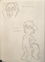 Size: 1280x1743 | Tagged: safe, artist:fluffyxai, oc, oc only, oc:spirit wind, earth pony, pony, back pain, bipedal, chest fluff, male, pencil drawing, sketch, solo, stallion, traditional art