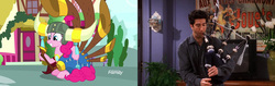 Size: 2268x720 | Tagged: safe, screencap, pinkie pie, g4, yakity-sax, bagpipes, comparison, david schwimmer, discovery family logo, f.r.i.e.n.d.s, happy, hedge, helmet, horns, house, musical instrument, ponyville, ross geller, smiling, yovidaphone