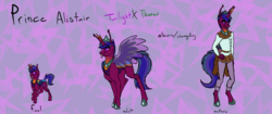 Size: 4096x1714 | Tagged: safe, artist:percy-mcmurphy, oc, oc:alistair, alicorn, changedling, changeling, changepony, hybrid, anthro, antennae, colored sclera, crown, foal, hybrid wings, jewelry, parent:thorax, parent:twilight sparkle, parents:twirax, regalia