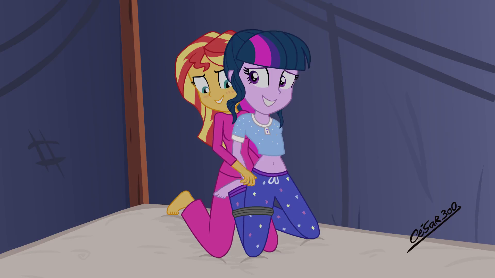 1810112 - questionable, artist:cesar3o0, sci-twi, sunset shimmer, twilight  sparkle, equestria girls, 2016, animated, bed, belly button, blush sticker,  blushing, clothes, female, fetish, lesbian, pajamas, rope, scitwishimmer,  shipping, show accurate ...