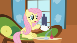 Size: 11200x6300 | Tagged: safe, artist:parclytaxel, fluttershy, pegasus, pony, ain't never had friends like us, g4, absurd resolution, bottle, everything is ruined, fainting couch, female, fluttershy's cottage, hoof hold, how, mare, pouring, puddle, sitting, solo, spill, table, teapot, utah teapot, vector, water