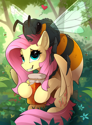 Size: 1700x2300 | Tagged: safe, artist:yakovlev-vad, fluttershy, hornet, insect, pegasus, pony, wasp, g4, adoracreepy, creepy, cute, female, food, giant insect, heart, honey, hug, jar, mare, nervous, nightmare fuel, raised eyebrow, shyabetes, solo, trembling