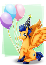 Size: 1600x2263 | Tagged: safe, artist:jotakaanimation, flash sentry, pegasus, pony, g4, abstract background, balloon, happy birthday, hat, male, party hat, solo, stallion, unshorn fetlocks