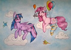 Size: 1024x712 | Tagged: safe, artist:dexterisse, pinkie pie, twilight sparkle, alicorn, bird, pony, g4, balloon, blue sky, blushing, bow, clothes, cloud, cute, eyes closed, female, floating, flower, flying, lesbian, microphone, ship:twinkie, shipping, singing, socks, striped socks, then watch her balloons lift her up to the sky, traditional art, twilight sparkle (alicorn)
