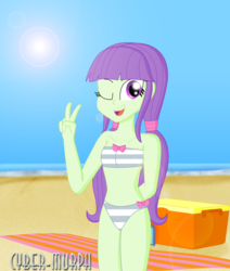 Size: 2440x2880 | Tagged: safe, artist:cyber-murph, starlight, equestria girls, equestria girls series, forgotten friendship, g4, background human, bandeau, beach, belly, belly button, bikini, bow, breasts, clothes, cooler, delicious flat chest, female, high res, legs together, midriff, one eye closed, peace sign, pigtails, signature, solo, swimsuit, towel, wink
