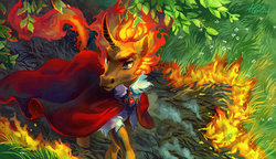 Size: 1024x591 | Tagged: safe, artist:holivi, oc, oc only, pony, unicorn, burning, cape, clothes, commission, curved horn, fire, forest, horn, mane of fire, solo