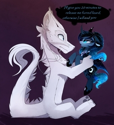 Size: 2813x3077 | Tagged: safe, artist:magnaluna, princess luna, oc, oc:zefiroth, alicorn, dragon, pony, g4, bat wings, cute, cutie mark, dialogue, duo, female, high res, holding a pony, horn, jewelry, looking at each other, male, regalia, simple background, speech bubble, wings