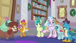 Size: 1920x1080 | Tagged: safe, screencap, gallus, ocellus, sandbar, silverstream, smolder, yona, classical hippogriff, griffon, hippogriff, g4, the hearth's warming club, discovery family, discovery family logo, logo, student six