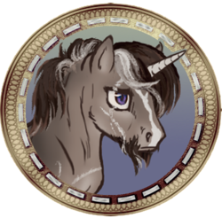 Size: 675x664 | Tagged: safe, artist:saby, derpibooru exclusive, oc, oc only, oc:sevendre, pony, unicorn, the last summer, beard, bust, character token, coat markings, dun, facial hair, facial markings, game token, male, portrait, scar, scarred, scruffy, serious, serious face, solo, stallion, stripe (coat marking), token