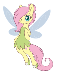Size: 1119x1455 | Tagged: safe, artist:dusthiel, fluttershy, fairy, semi-anthro, g4, atg 2018, blushing, clothes, cute, ear fluff, fairy wings, female, gossamer wings, hair bun, hair over one eye, hair tie, looking at you, newbie artist training grounds, one eye closed, shoes, shyabetes, simple background, smiling, solo, species swap, tinkerbell, transparent background, wings, wink