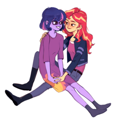 Size: 1280x1280 | Tagged: safe, artist:freshfriend, sci-twi, sunset shimmer, twilight sparkle, equestria girls, g4, female, glasses, lesbian, looking at each other, ship:sci-twishimmer, ship:sunsetsparkle, shipping, simple background, white background