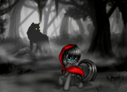 Size: 1024x751 | Tagged: safe, artist:zetamad, wolf, blue eyes, female, little red riding hood, mare, solo, tree, wood, yellow eyes