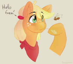 Size: 908x808 | Tagged: safe, artist:fuzzypones, applejack, earth pony, insect, moth, pony, g4, bandana, blushing, bust, colored, female, mare, raised hoof, solo, straw in mouth, text