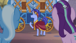 Size: 1136x640 | Tagged: safe, screencap, hoo'far, starlight glimmer, trixie, pony, saddle arabian, unicorn, g4, road to friendship, female, hoo'far's wagon, male, mare, stallion, wagon