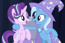 Size: 2453x1612 | Tagged: safe, screencap, starlight glimmer, trixie, pony, unicorn, g4, road to friendship, best friends, bipedal, cape, clothes, duo, duo female, eye contact, female, hat, looking at each other, mare, rearing, smiling, trixie's cape, trixie's hat