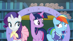 Size: 1920x1080 | Tagged: safe, screencap, rainbow dash, rarity, twilight sparkle, alicorn, pegasus, pony, unicorn, g4, the end in friend, buckball uniform, camping outfit, clothes, discovery family logo, eye contact, female, looking at each other, mare, nervous, school of friendship, trio, twilight sparkle (alicorn)