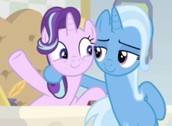 Size: 1877x1377 | Tagged: safe, screencap, starlight glimmer, trixie, pony, unicorn, g4, road to friendship, belly, best friends, bipedal, bipedal leaning, cute, desk, duo, duo female, excited, female, friends, friendshipping, inkwell, leaning, lidded eyes, looking at each other, mare, raised hoof, smiling, starlight's office