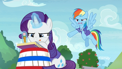 Size: 1920x1080 | Tagged: safe, screencap, rainbow dash, rarity, pegasus, pony, unicorn, g4, the end in friend, angry, buckball, buckball uniform, clothes, concentrating, discovery family logo, drawing, duo, female, flying, glowing horn, horn, jersey, levitation, magic, mare, notebook, pencil, sitting, sketchbook, telekinesis, tongue out