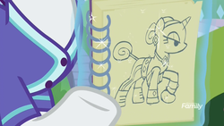 Size: 1920x1080 | Tagged: safe, screencap, rainbow dash, rarity, pony, unicorn, g4, the end in friend, athleisure, buckball uniform, close-up, clothes, discovery family logo, drawing, female, gesture, levitation, looking at each other, magic, mare, notebook, telekinesis