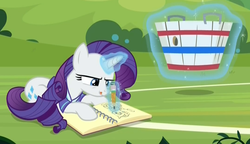 Size: 1073x619 | Tagged: safe, screencap, rarity, pony, unicorn, g4, the end in friend, basket, buckball uniform, buckbasket, bushel basket, clothes, concentrating, cropped, drawing, female, glowing horn, horn, jersey, levitation, lying down, magic, mare, notebook, pencil, telekinesis, tongue out
