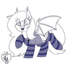 Size: 1280x1182 | Tagged: safe, artist:notenoughapples, oc, oc only, oc:selenite, bat pony, pony, clothes, commission, cute, looking at you, partial color, shirt, signature, slit pupils, socks, solo, striped socks