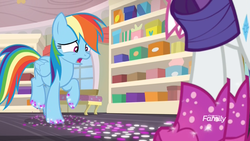 Size: 1920x1080 | Tagged: safe, screencap, rainbow dash, rarity, pegasus, pony, g4, the end in friend, boots, discovery family logo, female, glitter, glitter boots, grossed out, mare, shoe store, shoes, trotting, trotting in place