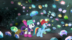 Size: 1920x1080 | Tagged: safe, screencap, rainbow dash, rarity, pegasus, pony, unicorn, g4, the end in friend, boots, bow, cave, cute, discovery family logo, duo, female, gem, gem cave, glitter boots, grin, hard hat, harness, helmet, mare, mining helmet, open mouth, pointing, shoes, smiling, squee, tack, wagon