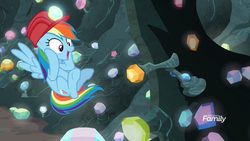 Size: 1920x1080 | Tagged: safe, screencap, rainbow dash, pegasus, pony, g4, the end in friend, cave, cute, dashabetes, discovery family logo, excited, female, flying, gasp, gem, gem cave, helmet, hooves on cheeks, mare, mining helmet