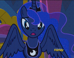 Size: 358x280 | Tagged: safe, screencap, princess luna, alicorn, pony, do princesses dream of magic sheep, g4, animated, cropped, determined, discovery family logo, eyes closed, female, looking at you, mare, spread wings, talking, wings